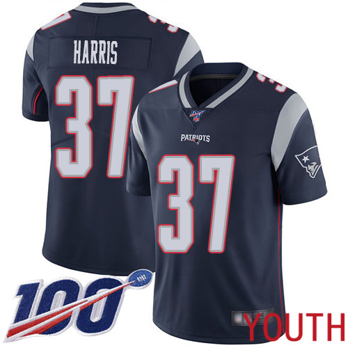 New England Patriots Football 37 100th Season Limited Navy Blue Youth Damien Harris Home NFL Jersey